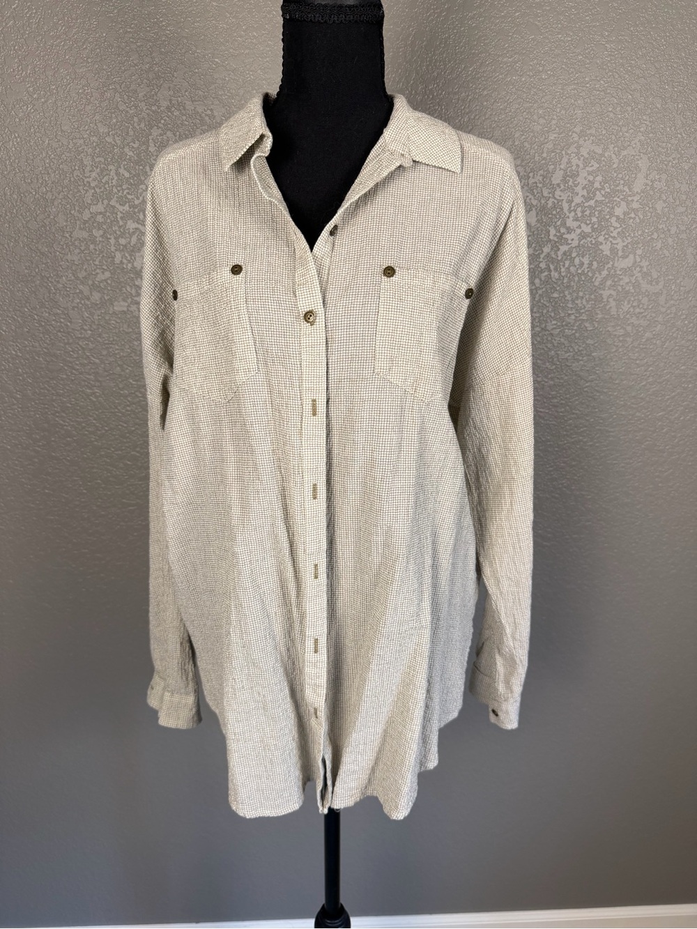 Anthropologie Cream and Tan Checked Button-Up Shirt